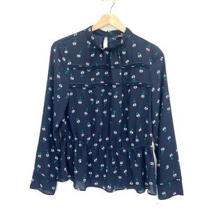 ASOS Only Blue Flora Sheer Long Sleeve High Neckline Top Blouse Size Medium